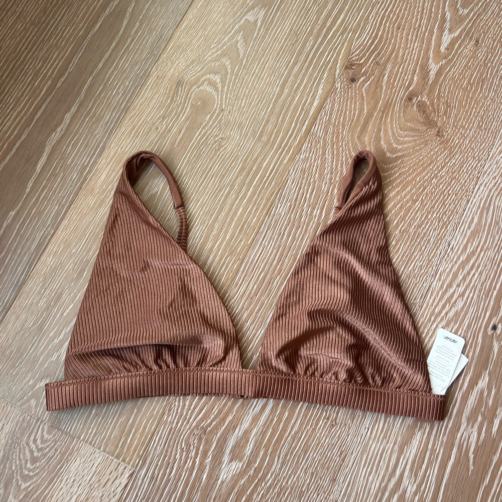 Aerie Bikini Shine Top Rib Plunge Bikini Top Horizon Tan Large NWT